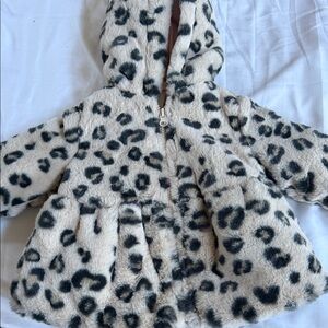 First Impressions Girls Faux Fur Leopard Hooded Coat - Cream & Black